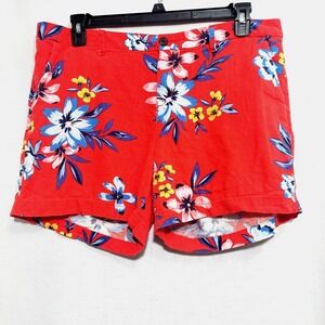 Old Navy Womens 14 Everyday Shorts Linen Blend Red Tropical Fun Front Pockets